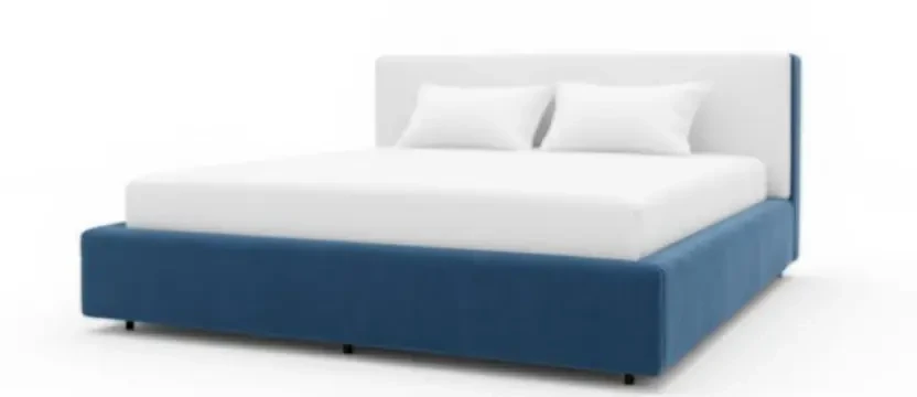 SKKS professional bed cleaning service showing a person using a specialized tool to deep clean a blue velvet upholstered bed frame and headboard