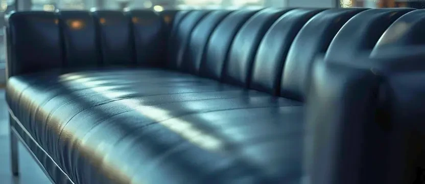 Premium dark leather sofa shining perfectly after professional deep cleaning and conditioning service by SKKS