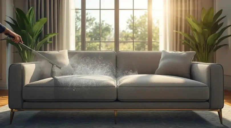 Professional upholstery deep cleaning and vacuuming service for a luxury fabric sofa in a modern living room.