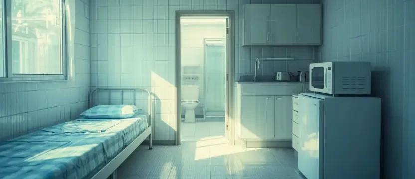 Deeply cleaned and hygienic compact staff room featuring a spotless bed and a germ-free mini-kitchen area