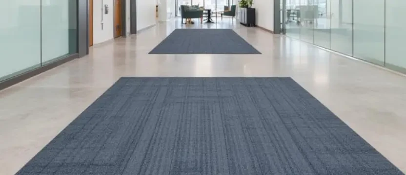 SKKS professional office carpet cleaning up to 500 sqft showing spotless blue carpet runners in a corporate corridor
